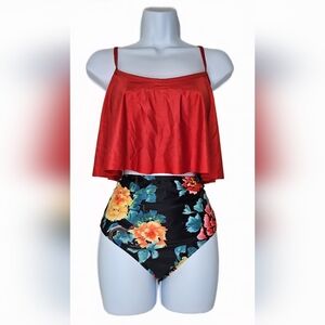 NWOT Women's Two-Piece High Waist Flouncy Red Floral Tankini Size 1XL
